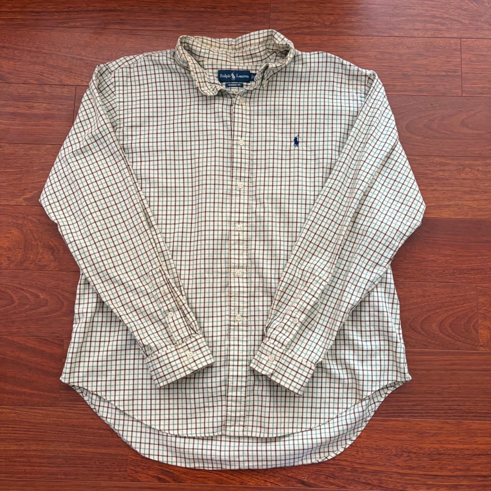 Ralph Lauren Mens XXL Classic Fit Shirt Green Brown Plaid Tattersall Button Down